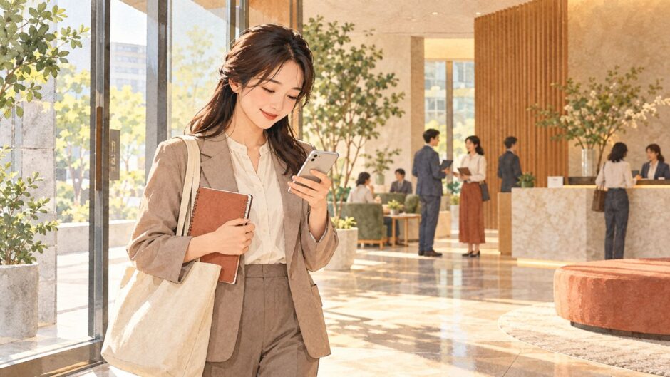 New employee checking arrival instructions at a workplace reception in Japan