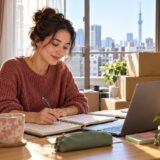 Teacher planning an English lesson at a desk in a new apartment in Japan