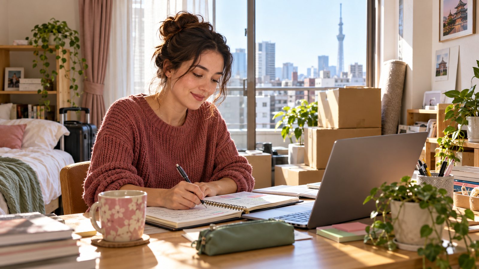 Teacher planning an English lesson at a desk in a new apartment in Japan