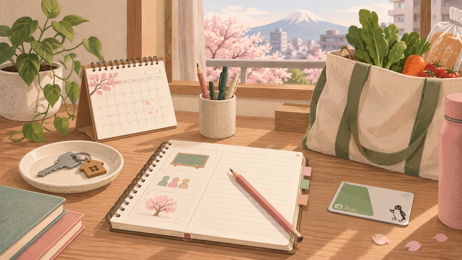 Illustration of apartment keys, lesson notes, groceries, and a transit card