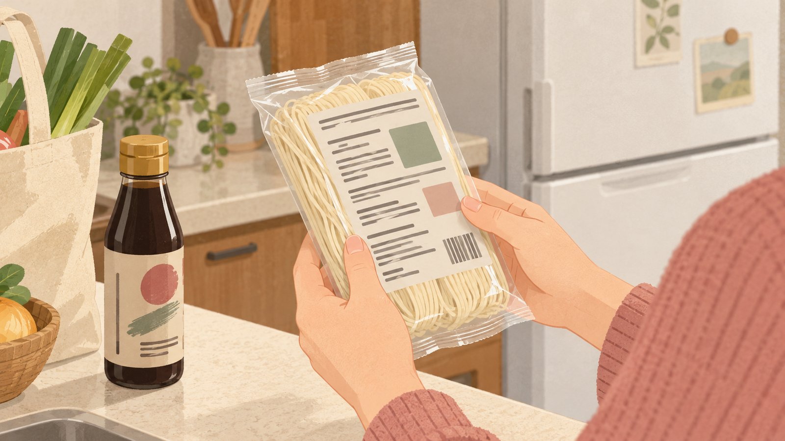 Hands checking a noodle package label before putting groceries away at home