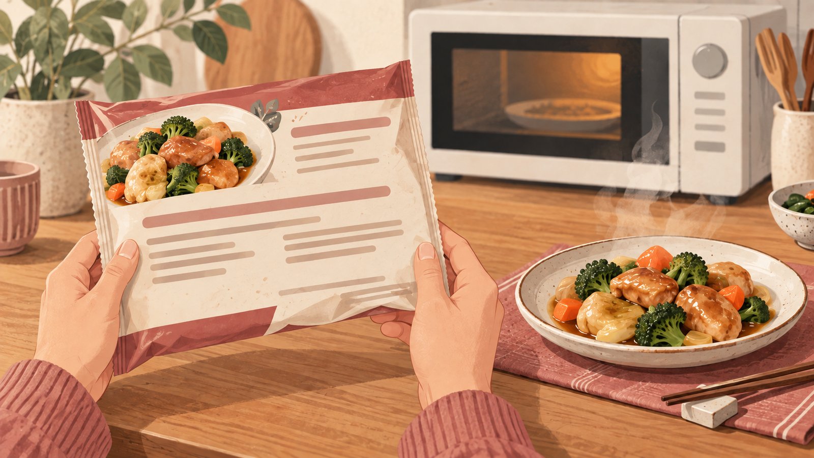 Hands reading a frozen food packet beside a ceramic plate and microwave