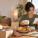 Resident reviewing local produce and a donation receipt in a Tokyo apartment
