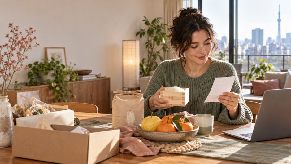 Resident reviewing local produce and a donation receipt in a Tokyo apartment