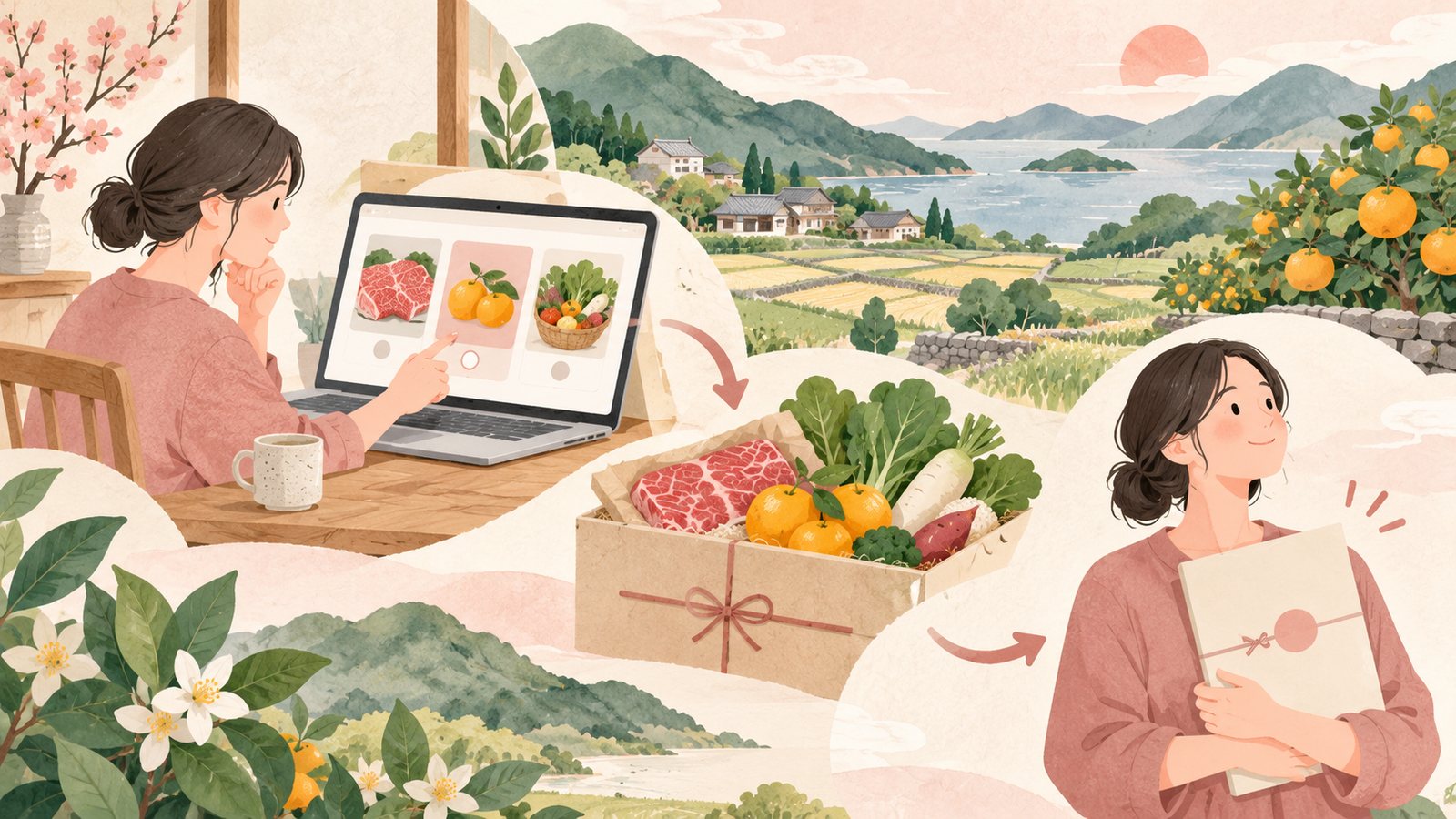 Illustration of selecting local produce and keeping donation paperwork