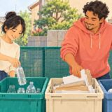 Two residents sorting bottles, paper and household waste at a collection point