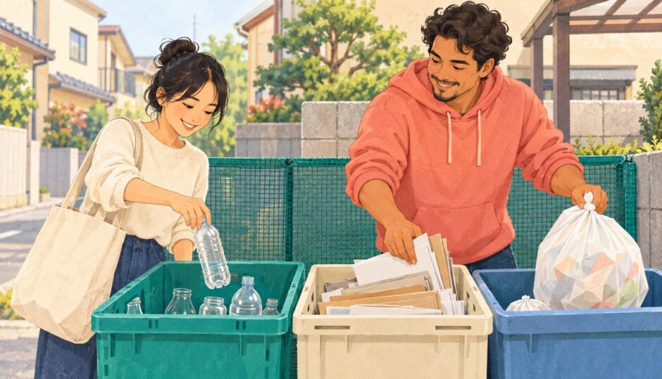 Two residents sorting bottles, paper and household waste at a collection point