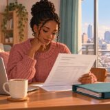 Employee reviewing an annual income and withholding statement at home