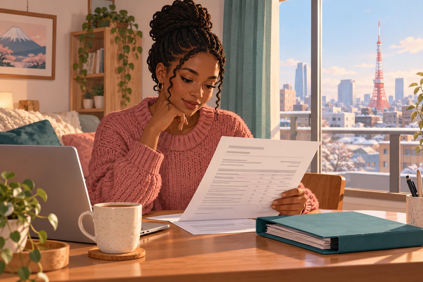 Employee reviewing an annual income and withholding statement at home