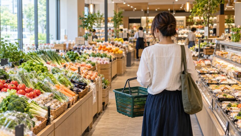 Shopper carrying a basket through the produce and prepared food aisles of a Japanese supermarket