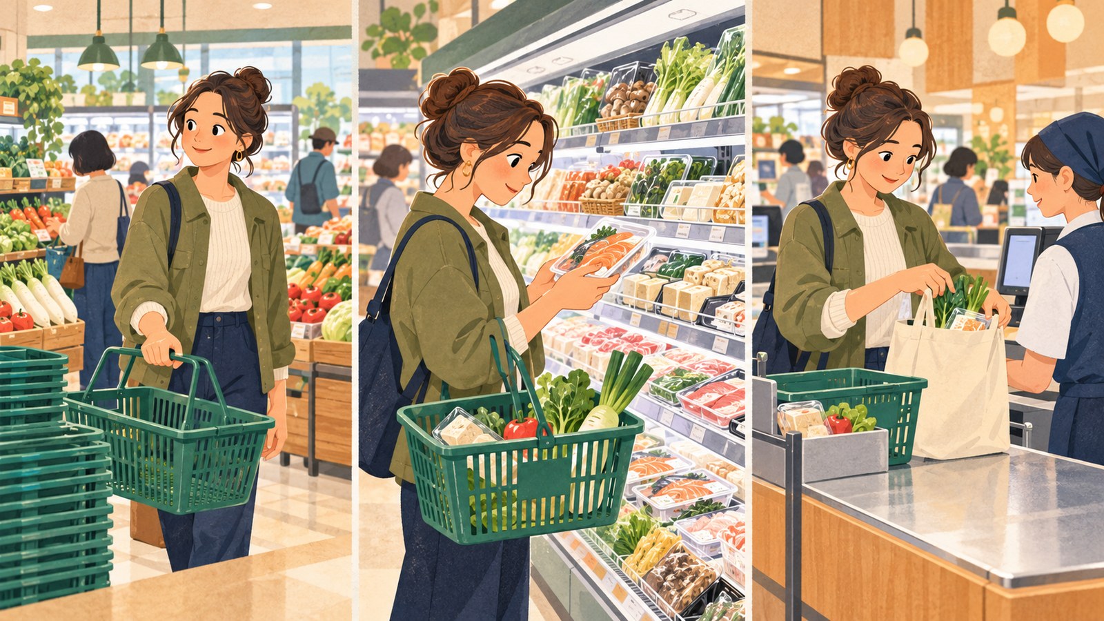 Illustration of selecting a basket, checking a product, and packing groceries in a Japanese supermarket