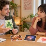 Adult teacher and learner discussing picture cards for seasonal celebrations