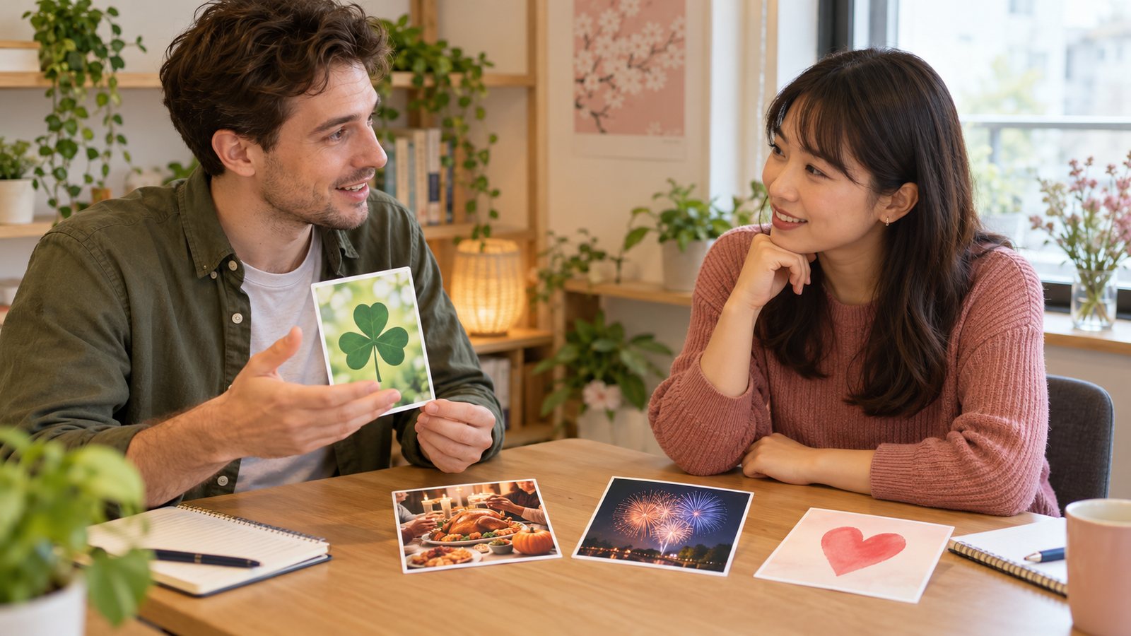 Adult teacher and learner discussing picture cards for seasonal celebrations