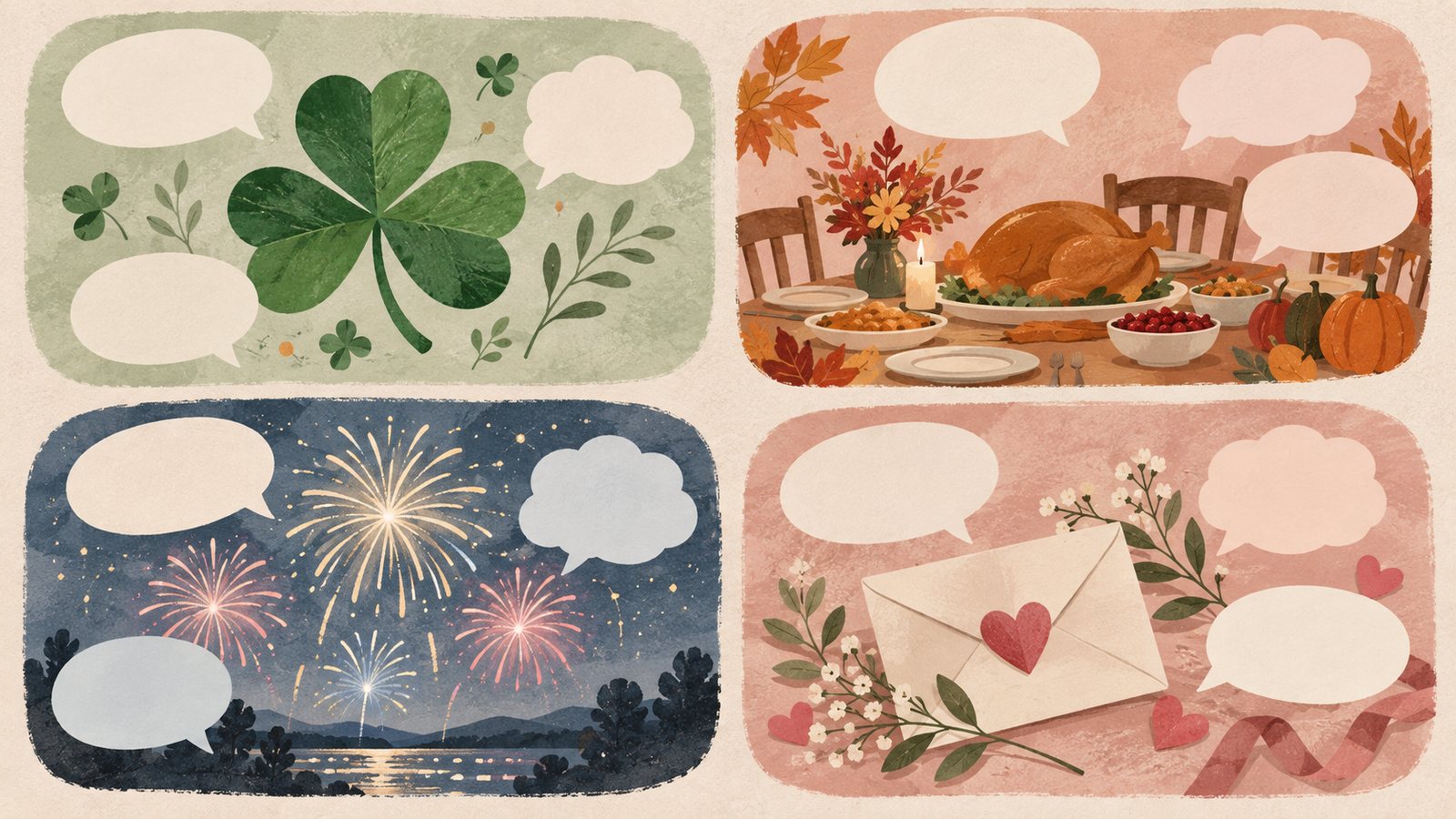 Illustrated conversation cards for a green clover, shared meal, fireworks, and a heart card