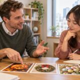 Adult English teacher and learner discussing Halloween, Christmas, and Easter picture cards