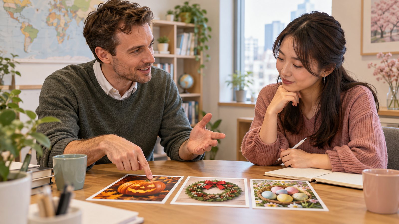 Adult English teacher and learner discussing Halloween, Christmas, and Easter picture cards