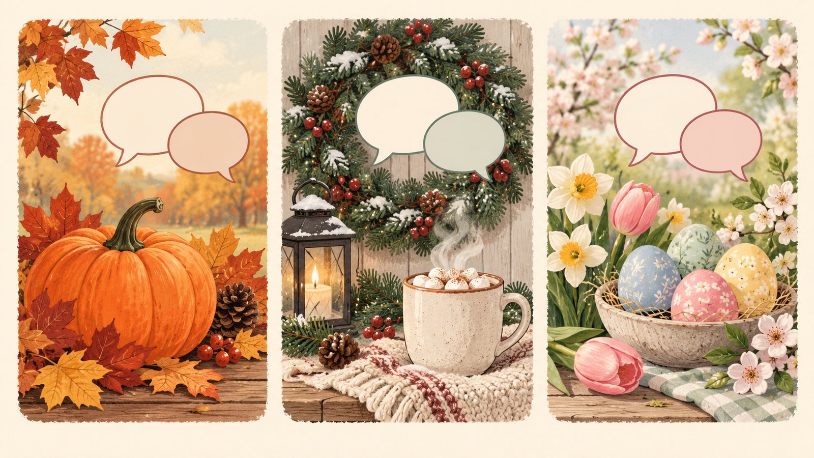 Three seasonal conversation cards for Halloween, Christmas, and Easter