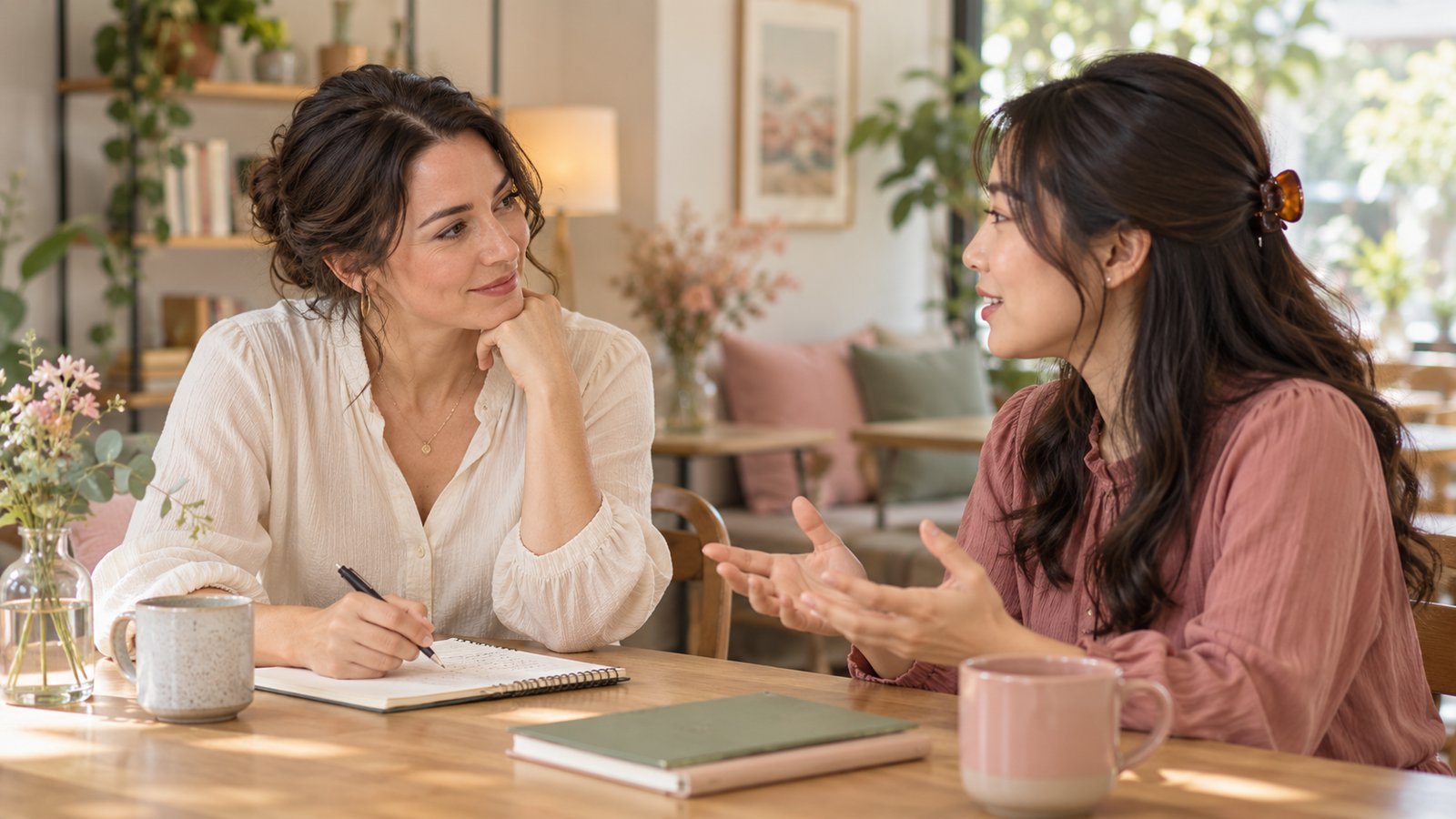 English instructor listening to an adult learner in a one-to-one lesson