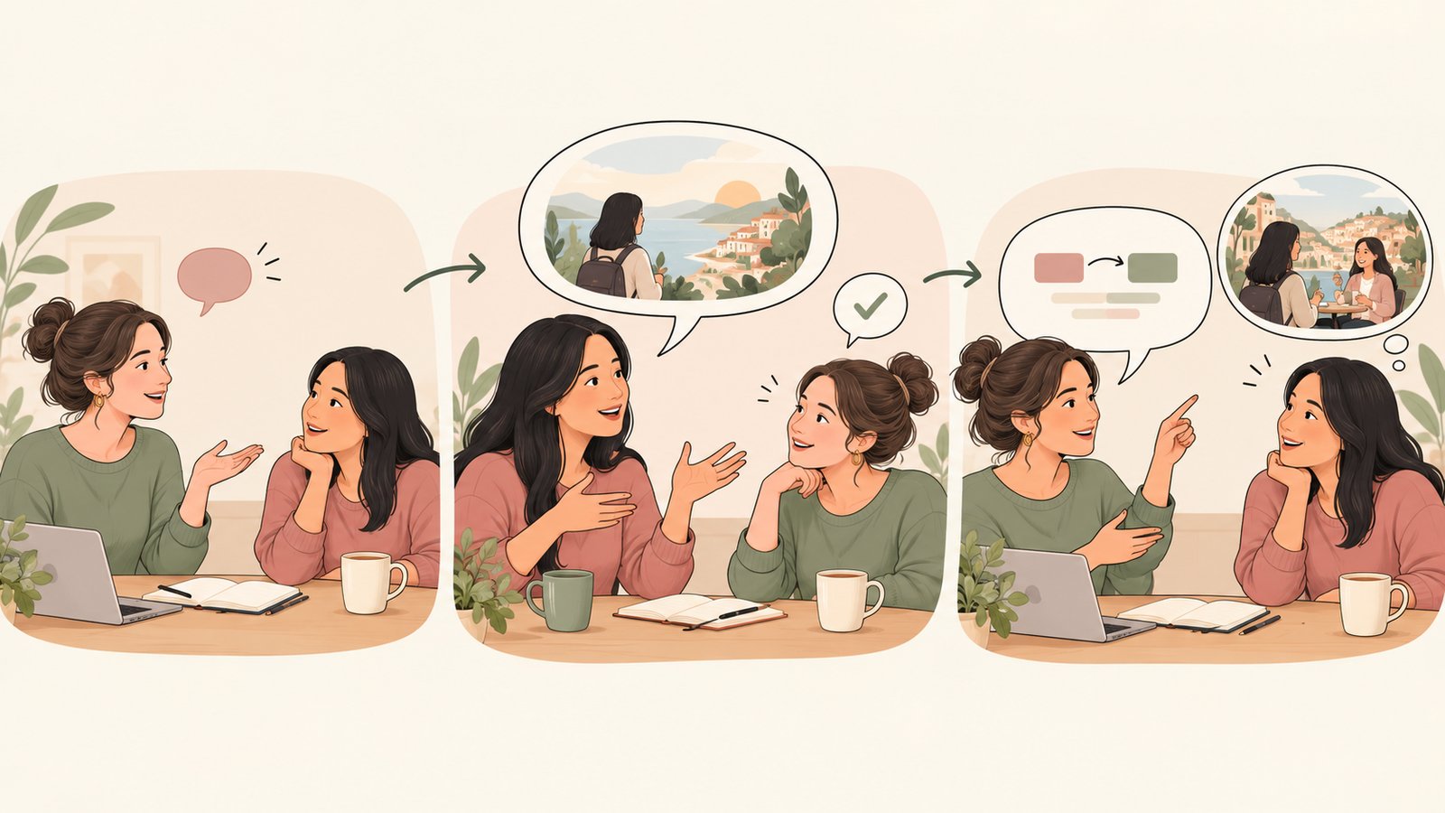 Illustration of a brief teacher prompt, learner response, and language feedback tied to a conversation