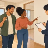 Tenants reviewing a move-out inspection with a property manager in a Japanese apartment