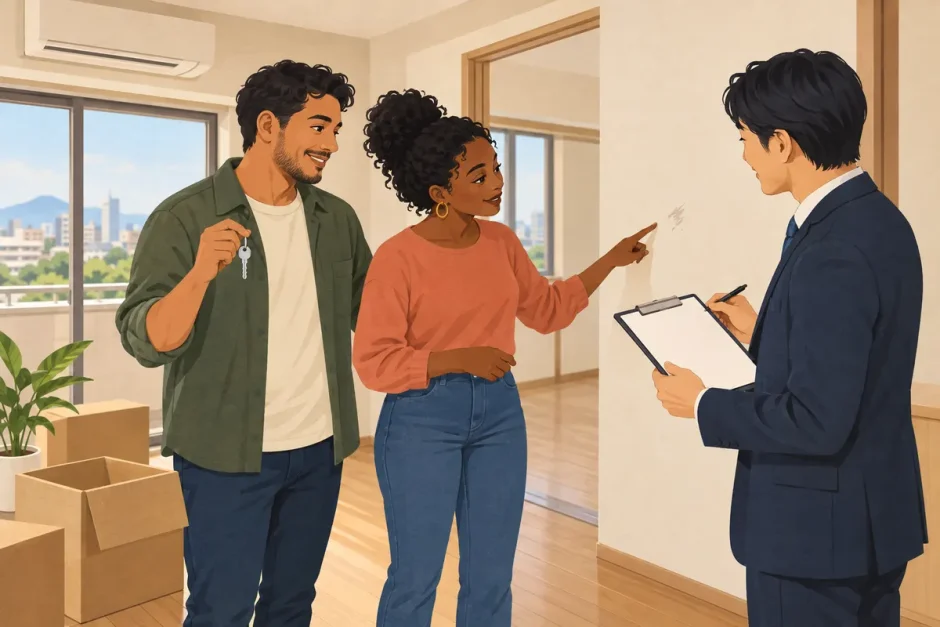 Tenants reviewing a move-out inspection with a property manager in a Japanese apartment