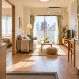 A compact Japanese apartment with a separate bedroom, kitchenette and balcony window