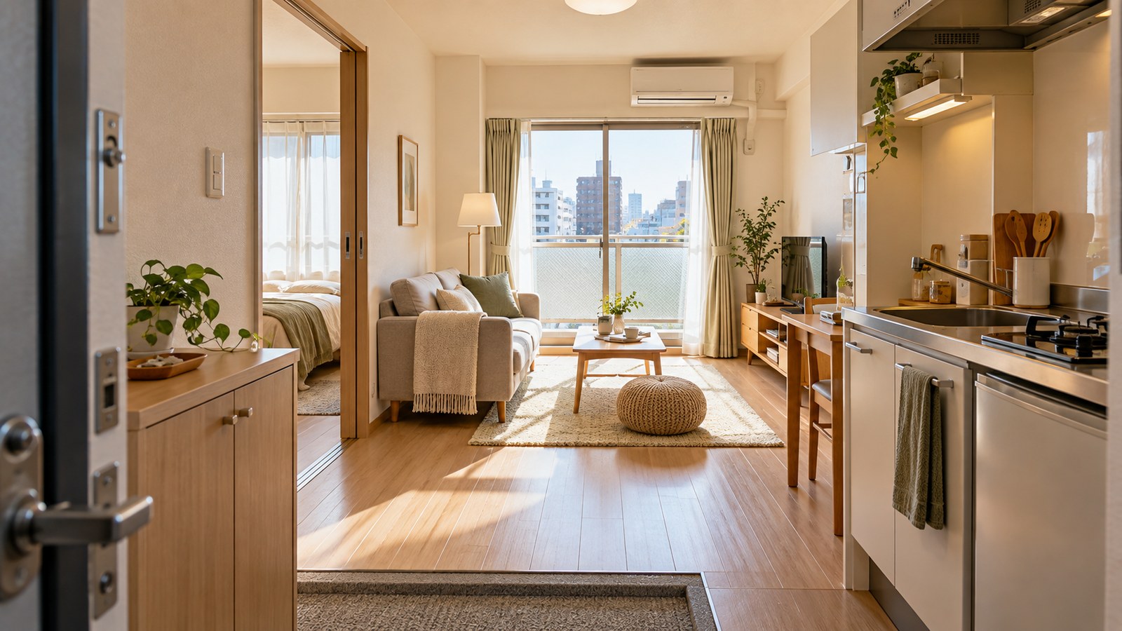 A compact Japanese apartment with a separate bedroom, kitchenette and balcony window
