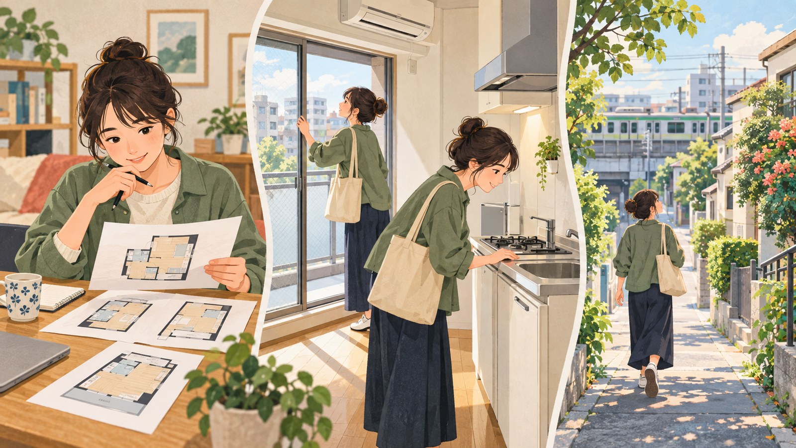 Illustration of comparing floor plans, checking a rental apartment and walking from the station