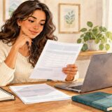 Woman reviewing a final payslip beside a laptop and calendar at home
