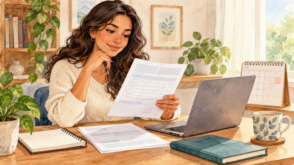 Woman reviewing a final payslip beside a laptop and calendar at home