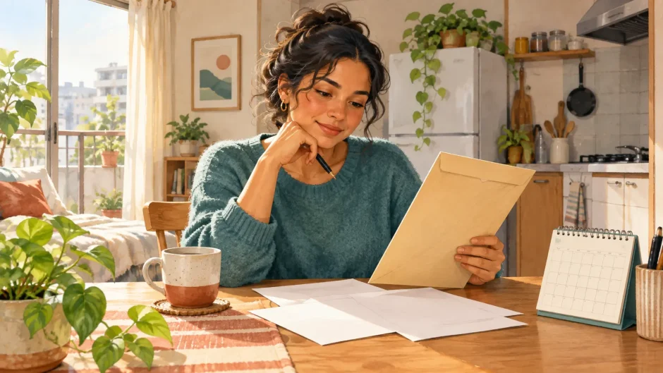 Resident reviewing an apartment lease renewal notice at home in Japan