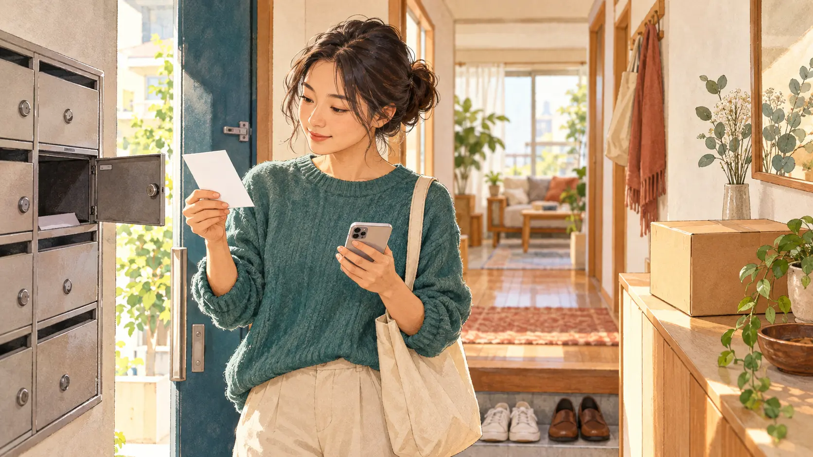 Resident reading a missed-delivery notice beside apartment mailboxes in Japan