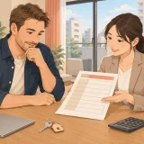 Prospective tenant reviewing an itemized Japanese rental cost estimate with a real estate agent