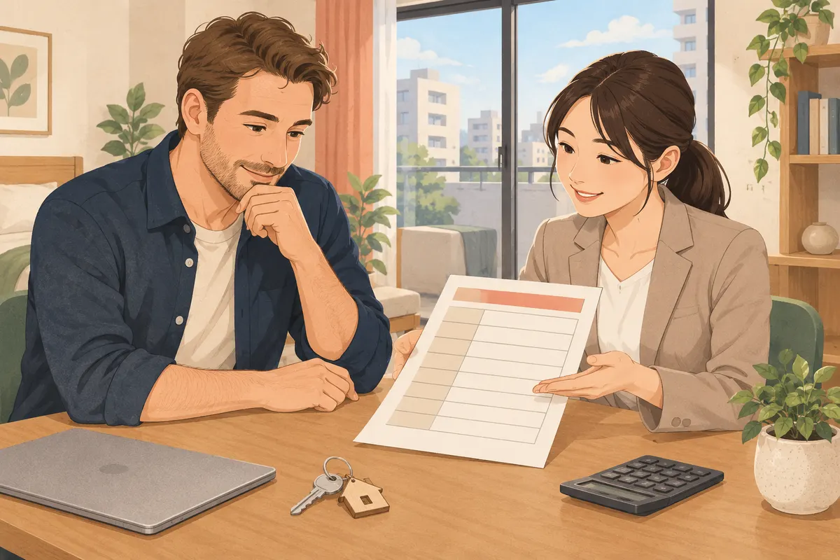 Prospective tenant reviewing an itemized Japanese rental cost estimate with a real estate agent