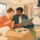 International couple checking utility information while unpacking in a new Japanese apartment
