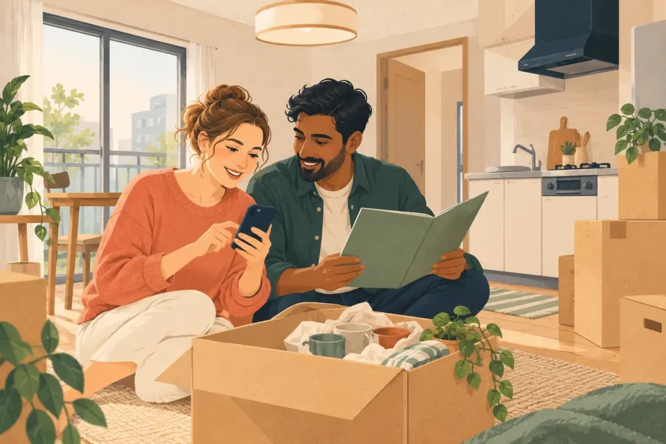 International couple checking utility information while unpacking in a new Japanese apartment