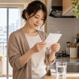 Resident reading a water meter notice by her kitchen sink