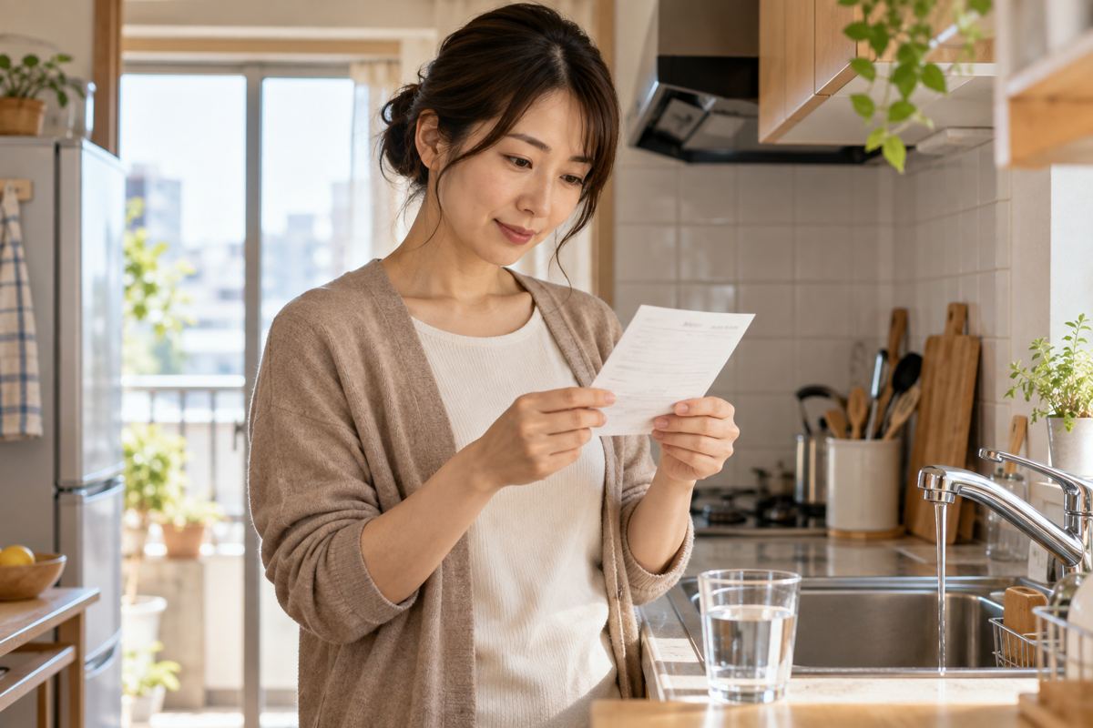 Resident reading a water meter notice by her kitchen sink