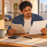 Renter comparing blank apartment settlement papers and a lease at a table after moving