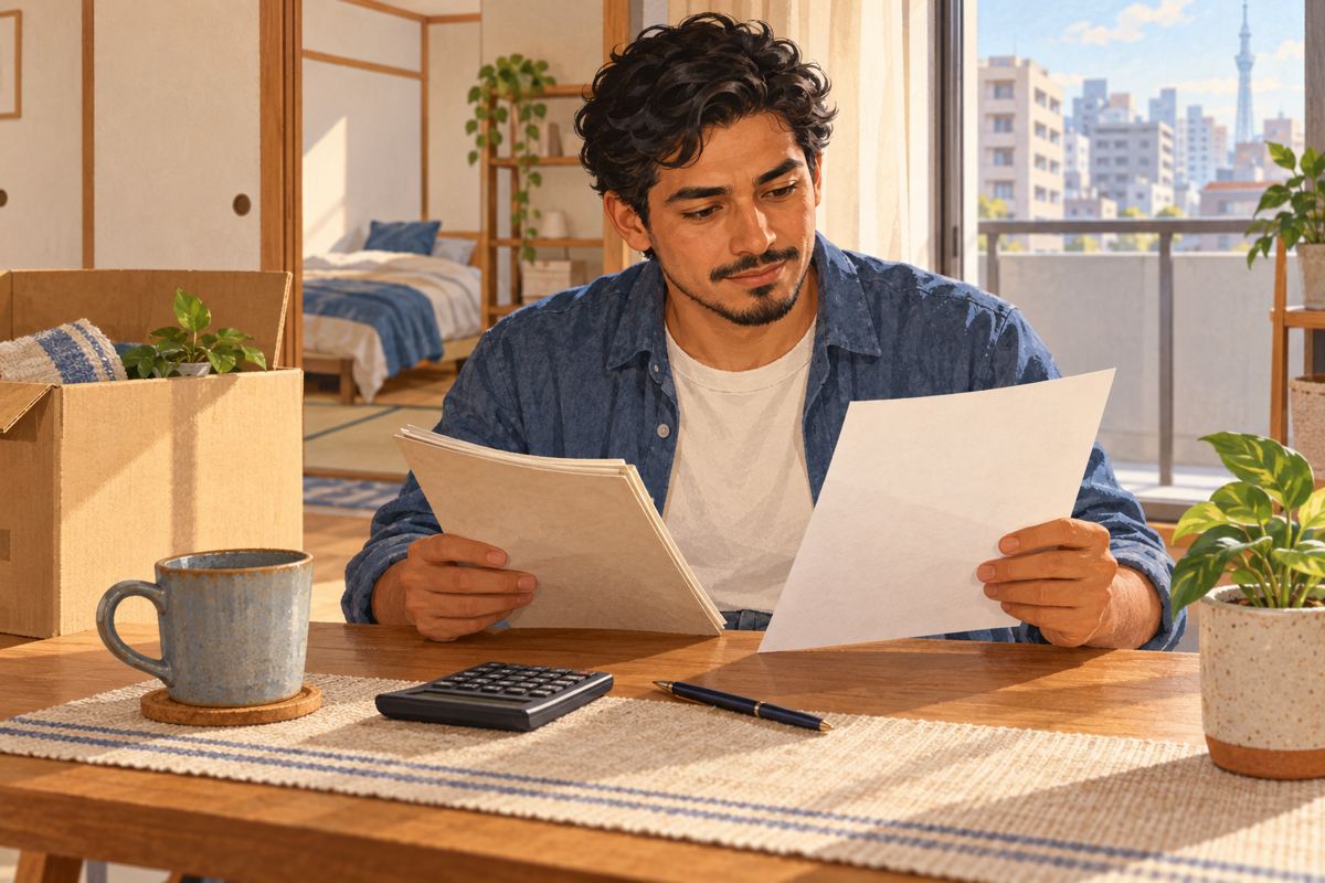 Renter comparing blank apartment settlement papers and a lease at a table after moving