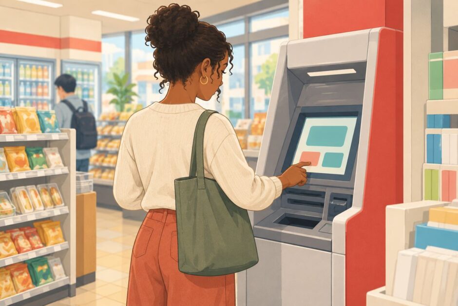 Resident using an unbranded ATM in a Japanese convenience store