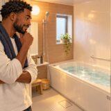 A resident looking at a bath control panel beside a filled tub in a Japanese apartment