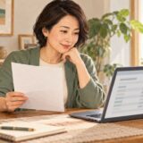 Employee comparing a bonus notice with payroll details on a laptop