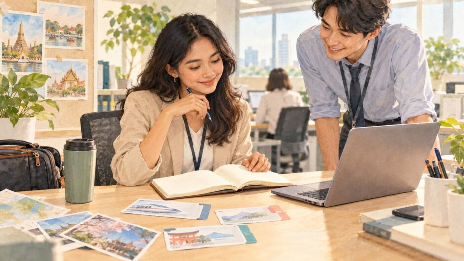 Employee reviewing notes from a business trip with a colleague at an office desk