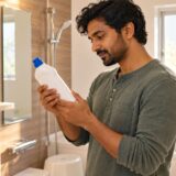 A resident reads the back label of a household cleaner in a Japanese bathroom before use