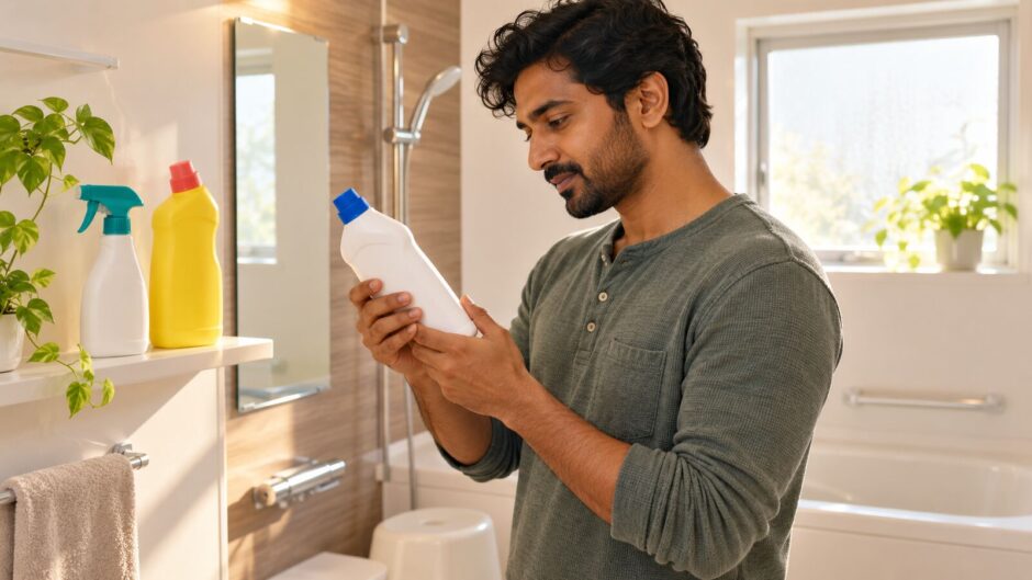 A resident reads the back label of a household cleaner in a Japanese bathroom before use