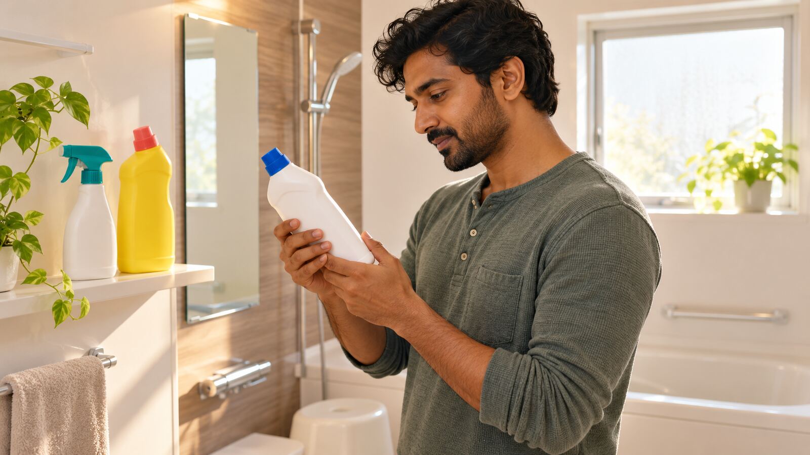 A resident reads the back label of a household cleaner in a Japanese bathroom before use