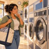 A resident with a laundry tote choosing a washer-dryer at a neighborhood laundromat in Japan