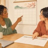 Two coworkers comparing a company work calendar in a Japanese office