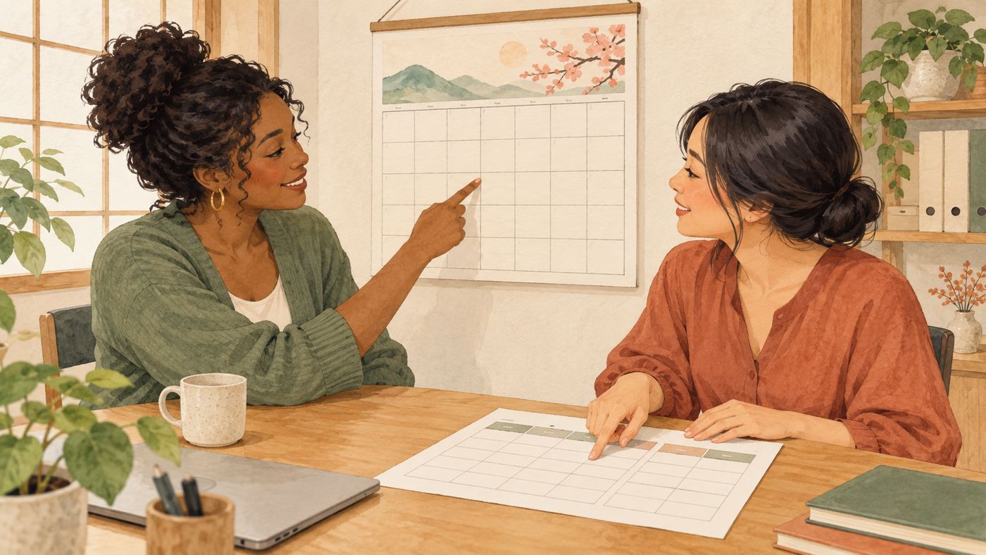Two coworkers comparing a company work calendar in a Japanese office